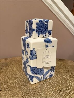 Three Hands Decorative Blue and White Floral Ceramic Lidded Accent Jar
